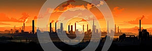showcasing the silhouettes of industrial factory skylines against a dusky, industrialized cityscape. Generative AI