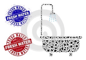 Shower Bath Mosaic of Debris with Fresh Water Grunge Stamps