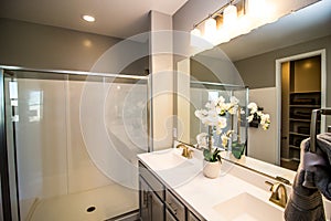 Shower In Bathroom With His & Hers Sinks