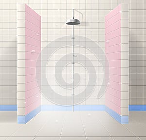 Shower cubicle made of tiles with a partition. Steam and soap bubbles.