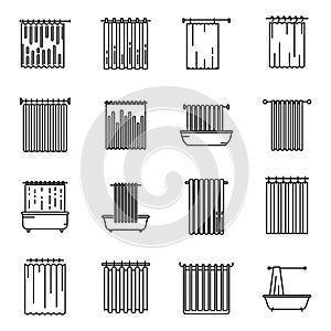 Shower curtain icons set outline vector. Water bathroom