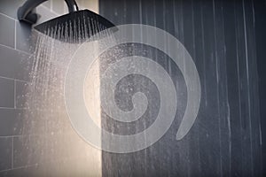 Shower with flowing water and steam. Generative ai