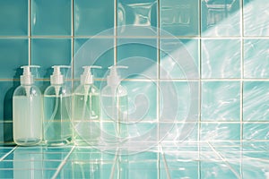 shower gels displayed in clear bottles on aqua tiles
