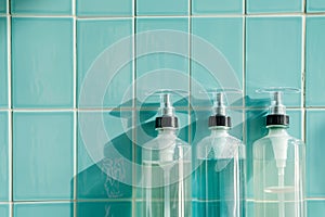 shower gels displayed in clear bottles on aqua tiles