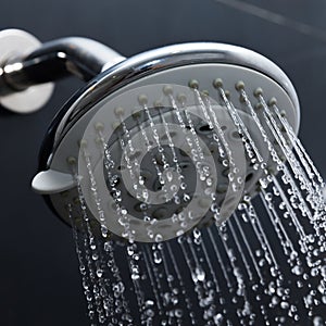 Shower head in bathroom with water drops