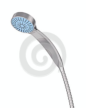 Shower head with metal hose and nozzle for water on white background. Isolated 3d illustration