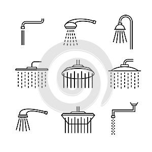 Shower head type icons set. Outline style different shower symbols. Douche shapes photo