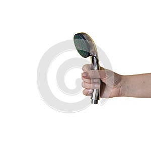 Shower head in woman hand isolated on a white background