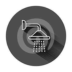 Shower sign icon in flat style. Bathroom water device vector illustration on black round background with long shadow. Wash