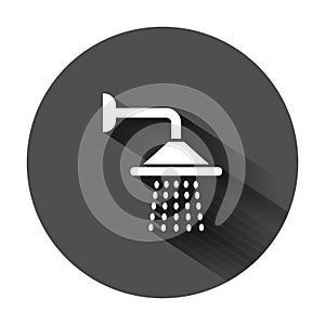 Shower sign icon in flat style. Bathroom water device vector illustration on black round background with long shadow. Wash