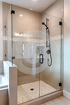 Shower stall with half glass enclosure and black shower head and handle photo