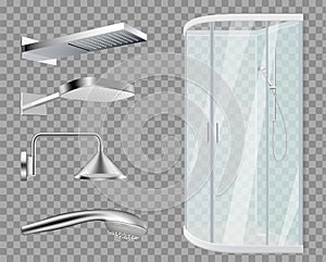 Shower stall. Shower Heads, realistic bathroom elements isolated on transparent background. Vector water metallic accessories set