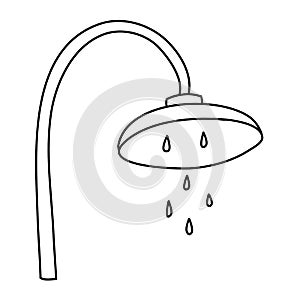 Shower with water drops, symbol of hygiene and cleanliness, black and white hand drawn doodle vector