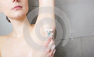 Shower woman. woman washing shoulder showering in