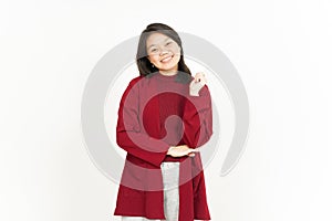 Showing Blank Credit or Bank Card Of Beautiful Asian Woman Wearing Red Shirt Isolated On White