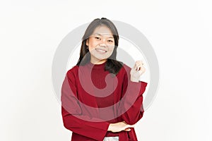 Showing Blank Credit or Bank Card Of Beautiful Asian Woman Wearing Red Shirt Isolated On White