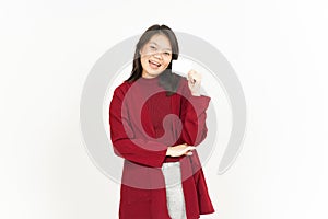 Showing Blank Credit or Bank Card Of Beautiful Asian Woman Wearing Red Shirt Isolated On White