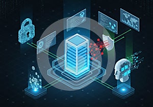 Showing a central server or data center, surrounded by various