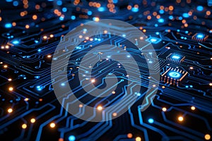 Showing circuit board background with binary code and digital technology concept, illustration. abstract blue circuit lines o