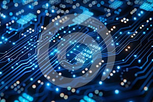 Showing circuit board background with binary code and digital technology concept, illustration. abstract blue circuit lines o