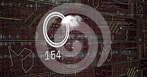 Showing circular gauge reading 154 over globe in digital interface, with grid maps and code panels