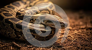 Close Up of a Python Snake Coiled on the Ground with Detailed Scales and Natural Lighting