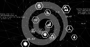 Showing code and values over dark grid with hexagonal icons depicting recycling CO2 and other stats