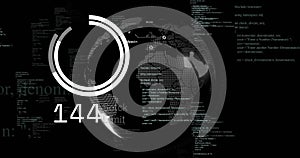Showing dot-matrix globe spinning on dashboard, with circular progress displaying 1440 and C++ code