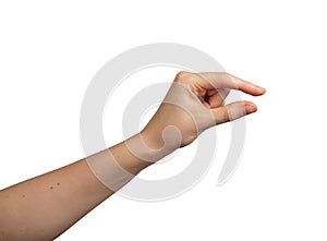 showing hand gesture. Female arm, palm, fingers, wrist in empty, clear, abstract space. Nonverbal photo