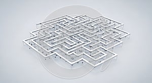 Intricate White 3D Maze Structure with Metallic Supports on a White Background (1089