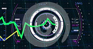Showing large concentric circular hub rotating on-screen HUD, displaying neon waveform 1429 1840 65