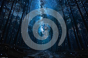 Showing a night shot of the stars above a forest, high quality, high resolution