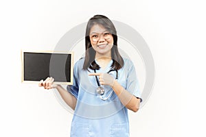 Showing Presenting and holding Blank Blackboard Of Asian Young Doctor Isolated On White Background