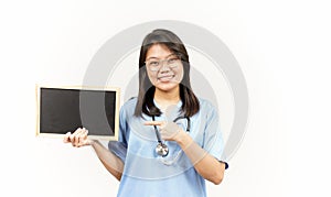 Showing Presenting and holding Blank Blackboard Of Asian Young Doctor Isolated On White Background