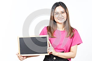 Showing, Presenting and holding Blank Blackboard Of Beautiful Asian Woman Isolated On White