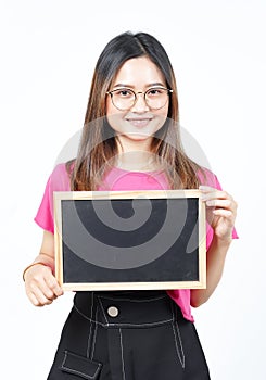 Showing, Presenting and holding Blank Blackboard Of Beautiful Asian Woman Isolated On White