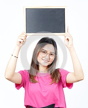 Showing, Presenting and holding Blank Blackboard Of Beautiful Asian Woman Isolated On White