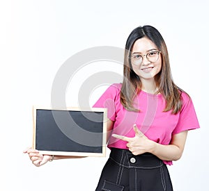 Showing, Presenting and holding Blank Blackboard Of Beautiful Asian Woman Isolated On White