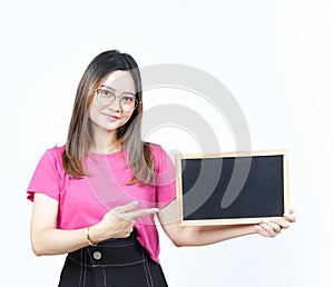 Showing, Presenting and holding Blank Blackboard Of Beautiful Asian Woman Isolated On White