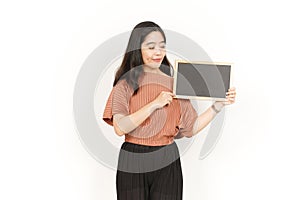 Showing, Presenting and holding Blank Blackboard Of Beautiful Asian Woman Isolated On White Background