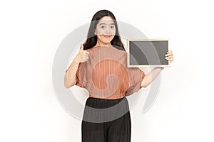 Showing, Presenting and holding Blank Blackboard Of Beautiful Asian Woman Isolated On White Background