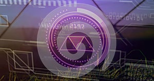 Showing purple hologram interface on grass with dotted ring triangle icon 2197 readout and patterns