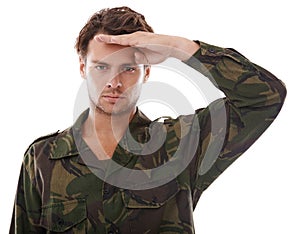 Showing respect to his superiors. Portrait of a military man saluting against a white background.