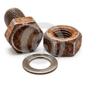 Rusty Bolt Nut and Washer on White Background