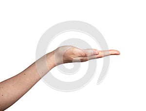 Showing something empty, blank, space on hand palm gesture isolated