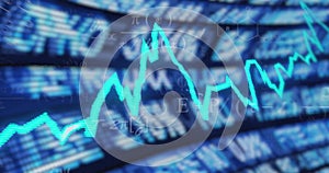 Showing turquoise line graph fluctuating on dashboard, with ticker panels and overlaid formulas