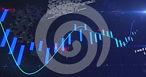 Showing vertical bars, line graph and red labels in analytics interface with hexagonal network