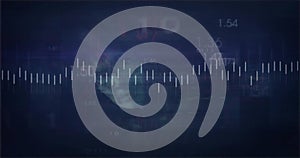 Showing wide audio waveform bars on digital display, with floating numeric readouts and data grids