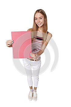 Showing woman holding blank sign placard billboard with copy spa