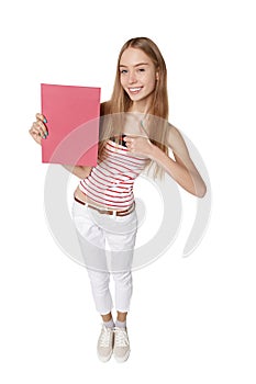 Showing woman holding blank sign placard billboard with copy spa